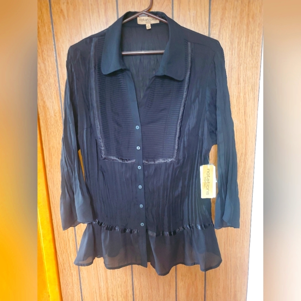 Notations Womens Black Semi Sheer Bell Sleeve Button Down Shirt. 2XL